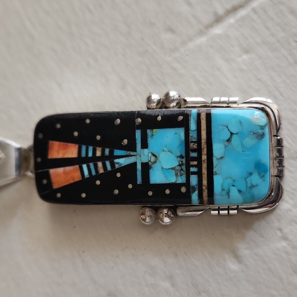 Amazing Handmade Native American Navajo Inlaid Pendant by Ray Jack 💙🖤🩵 - Picture 8 of 16